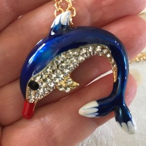 Blue enamel white rhinestone dolphin necklace